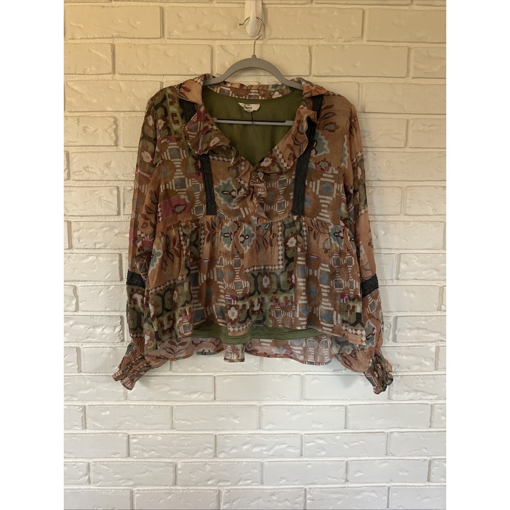 Entro Women's Large Boho Flowy Floral Long Sleeve Ruffle Trim Cottagecore Blouse